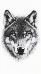 Detailed, grayscale wolf portrait on white, focused look, studio, wildlife illustration, concept