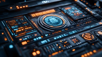 Obraz premium Close up of a futuristic control panel with glowing displays