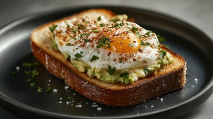 A golden-brown canvas of toasted bread, topped with a perfectly poached egg, a burst of creamy avocado, and a sprinkle of flaky sea salt.