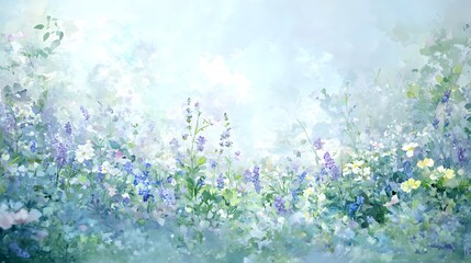 Artistic watercolor painting depicts a field of beautiful wildflowers blooming