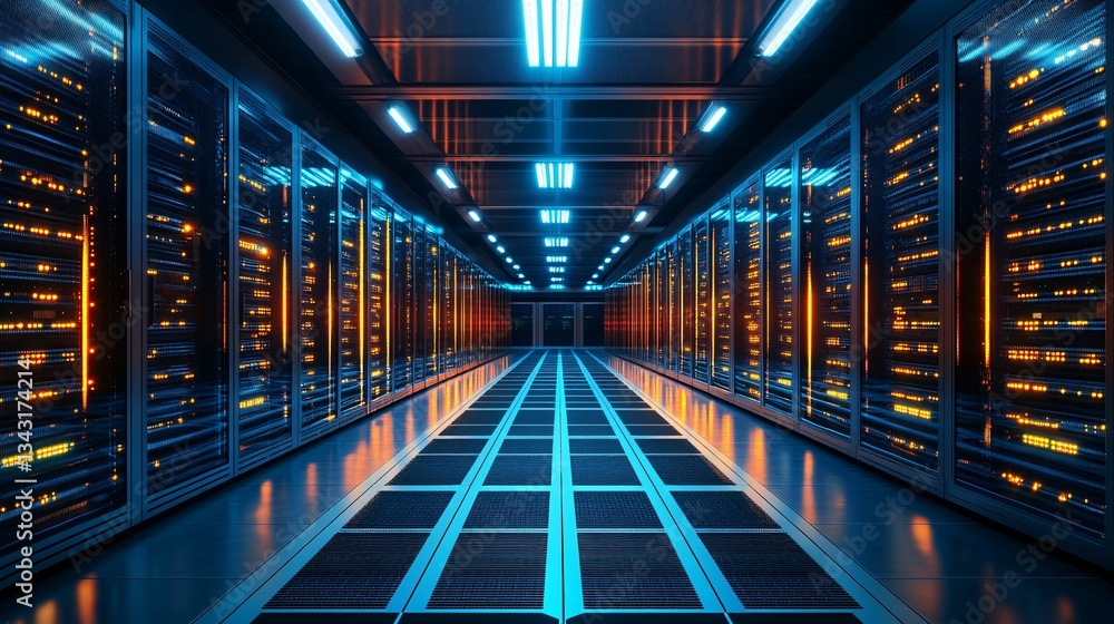 Poster a high-tech data center featuring glowing led-lit servers in an organized environment, concept of cl