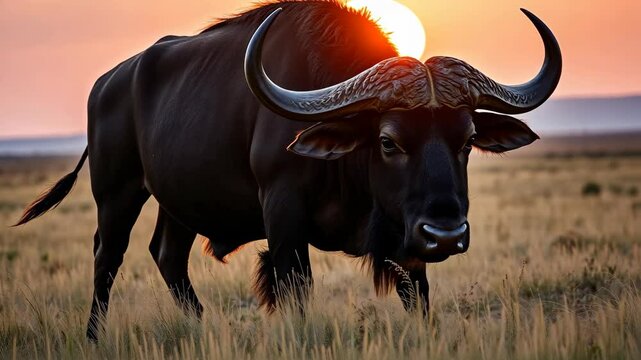 Majestic Cape Buffalo Silhouette at Sunset in African Grassland