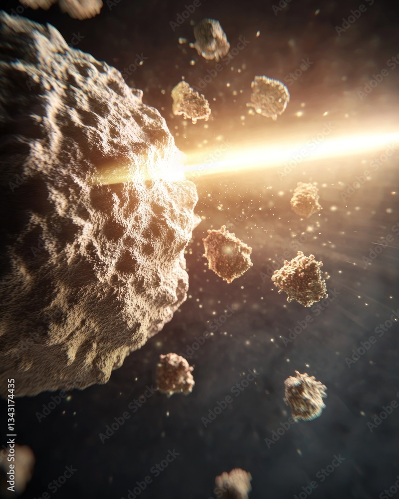 Poster asteroid collision event space digital art cosmic environment close-up view sci-fi concept