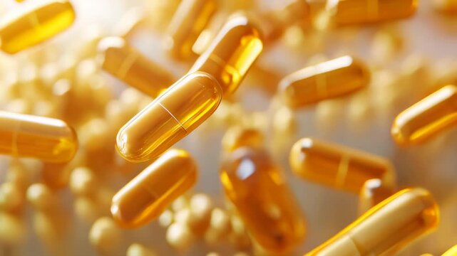 Floating golden capsules in motion create a mesmerizing visual display of dietary supplements and health products