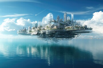 Naklejka premium A floating city with transparent structures above a serene ocean