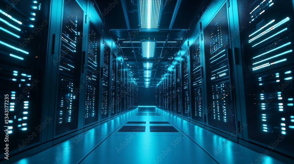 Poster a high-performance data center with neatly stacked servers, illuminated by futuristic led lighting, 