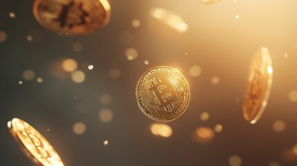 Fototapeta premium Gold coins and the Bitcoin logo suspended mid air in high resolution, with a few coins falling from above, set against a soft light background.