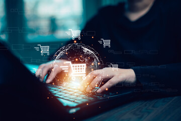 online shopping concept, marketplace website with virtual interface of online Shopping cart part of the network, Online shopping business with selecting shopping cart.
