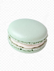 A single, pastel green macaron with a delicate, textured surface and a creamy white filling, isolated on a textured white background
