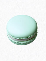 A single, pastel green macaron with a delicate, textured surface and a creamy white filling, isolated on a textured white background