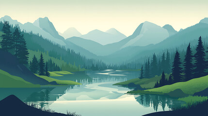 Fototapeta premium Serene Mountain and Lake Reflections in Soft Pastel and Blue Hues 