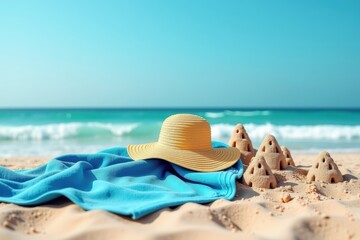 Straw sun hat on a soft blue beach towel near detailed sandcastles on golden sand with ocean waves and a clear blue sky, capturing a serene tropical vacation moment
