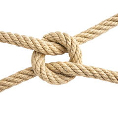 Fototapeta premium A detailed knot tied with natural fiber rope, showcasing intricate loops and twists, isolated on white background.