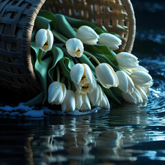Obraz premium Moonlit white tulips cascading from a submerged basket, their dewy petals glowing over serene water.