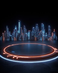 Futuristic cityscape urban setting digital art nighttime environment wide angle view high-tech concept