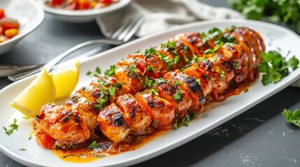 Grilled chicken breast cuts with lemon wedges and parsley garnish served on a white platter for a tasty meal