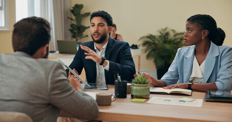 Planning, meeting and idea with business people in office for strategy, discussion and company sales. Teamwork, profit report and collaboration with employees in agency for development and project