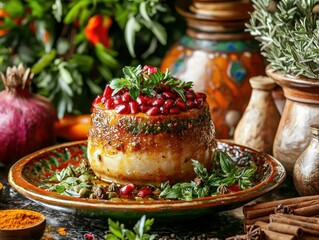Appetizing savory pudding adorned with pomegranate seeds plated on ornate dish with rich spices setting