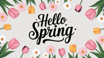 Spring floral background, colorful tulips and daisies framing the text Hello Spring, seasonal celebration, nature awakening, vibrant colors, Easter inspiration.