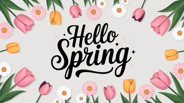 Spring floral background, colorful tulips and daisies framing the text Hello Spring, seasonal celebration, nature awakening, vibrant colors, Easter inspiration.