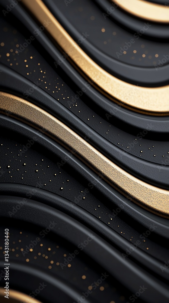 Poster abstract wavy black background with golden lines and sparkling dots