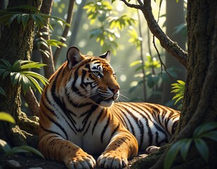 Obraz premium A striking tiger relaxing in a lush forest environment