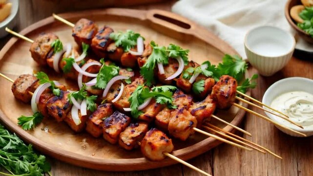 Juicy grilled kafta skewers served on a wooden platter, garnished with fresh parsley, sliced onions, and a side of tahini sauce
