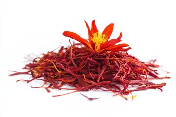 Naklejka premium Saffron Spice and Crocus Flower Head on White Background Capturing Aroma Culinary Ingredient and Gourmet Flavor