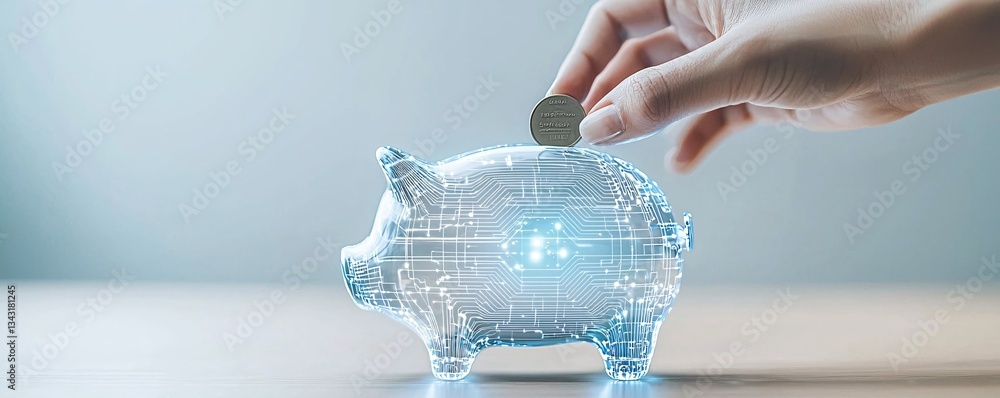 Poster a hand placing a coin into a futuristic ai-themed piggy bank, symbolizing the long-term potential of
