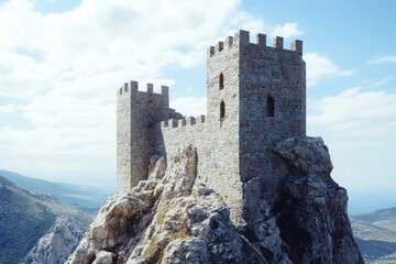 A medieval fortress atop a rocky cliff, with stone towers and a drawbridge