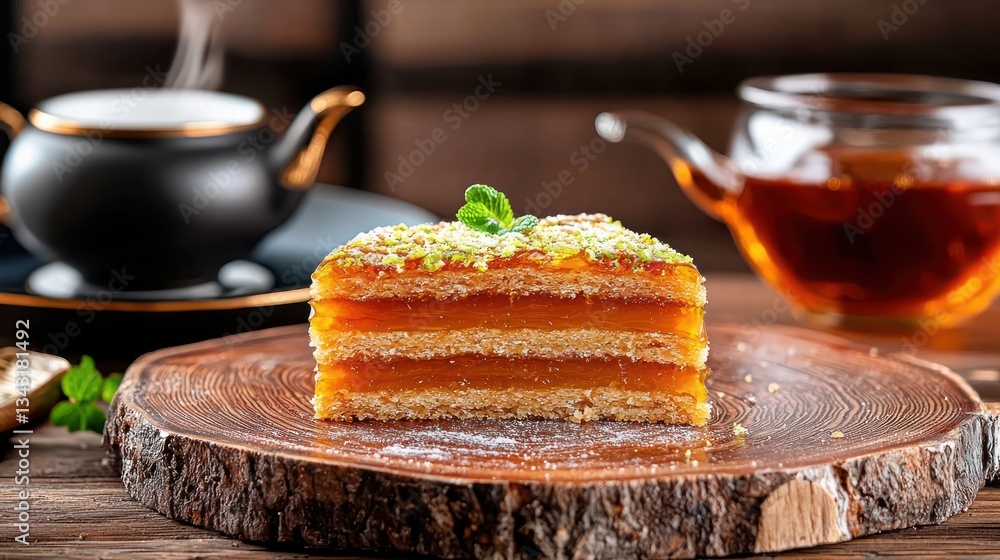 Poster delicious layered cake with orange filling next to teapots creating warm and inviting visual on a wo