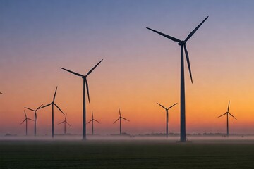 Wind turbines stand tall at sunrise, a symbol of sustainable energy. Silhouette of multiple wind turbines against a serene sunrise sky, hinting at a calm, tranquil morning.