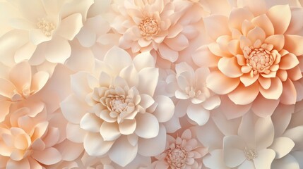 A stunning display of delicate flowers in soft peach and cream tones fills the space, creating a tranquil atmosphere imbued with elegance and beauty, perfect for any serene setting