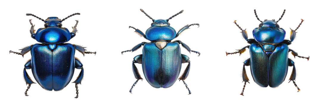 A Set of Gleaming Blue Dung Beetles with Metallic Exoskeletons Isolated on Transparent Background