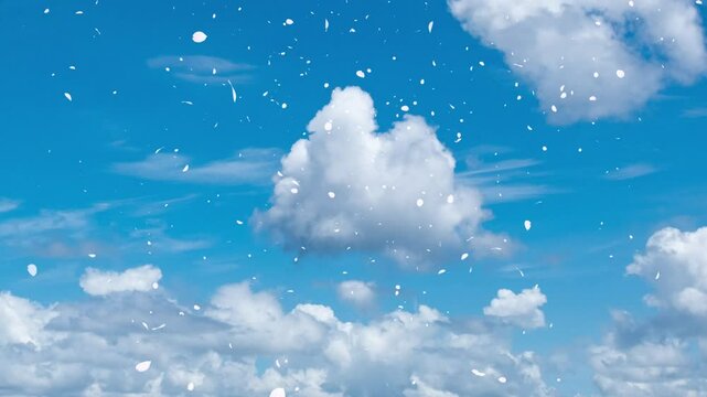 雲が流れる青空に舞い散る花びら　イベント・ウエディング・フラワーシャワー・イベント・幸せ,お祝い,発表