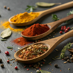 A close-up of wooden spoons filled with vibrant spices.