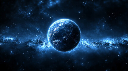 Obraz premium A glowing blue planet surrounded by cosmic nebulae in a dark, starry universe