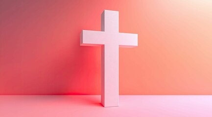Fototapeta premium A white cross, illuminated by gentle light, stands gracefully against a calming pastel gradient, evoking spiritual serenity.
