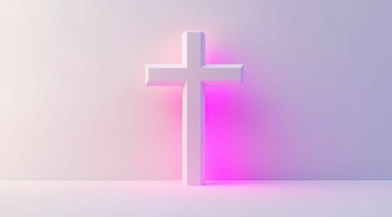 Fototapeta premium A white cross, illuminated by gentle light, stands gracefully against a calming pastel gradient, evoking spiritual serenity.