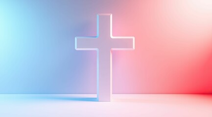 Obraz premium A white cross, illuminated by gentle light, stands gracefully against a calming pastel gradient, evoking spiritual serenity.
