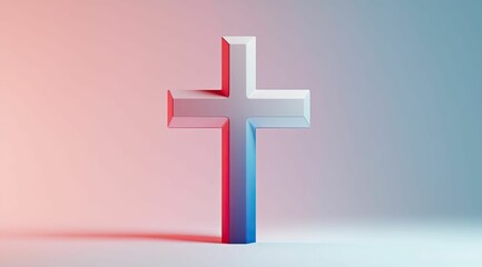 Obraz premium A white cross, illuminated by gentle light, stands gracefully against a calming pastel gradient, evoking spiritual serenity.