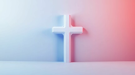 Obraz premium A white cross, illuminated by gentle light, stands gracefully against a calming pastel gradient, evoking spiritual serenity.