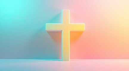 Obraz premium A white cross, illuminated by gentle light, stands gracefully against a calming pastel gradient, evoking spiritual serenity.