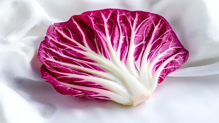 Obraz premium A vibrant red cabbage leaf with prominent white veins, set against a soft, light-colored background. Concept Red Cabbage Leaf, Prominent White Veins, Vibrant Colors, Soft Background