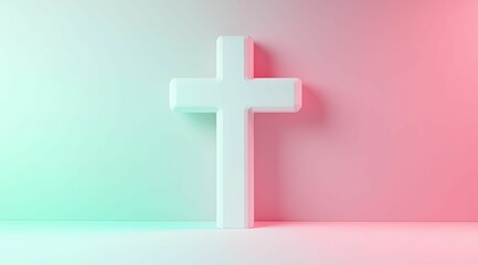 Obraz premium A white cross, illuminated by gentle light, stands gracefully against a calming pastel gradient, evoking spiritual serenity.