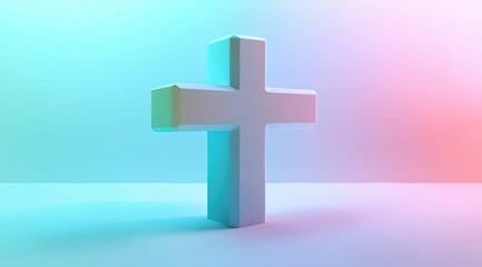 Obraz premium A white cross, illuminated by gentle light, stands gracefully against a calming pastel gradient, evoking spiritual serenity.