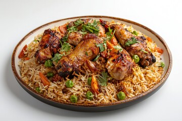 Fototapeta premium Mouthwatering chicken and rice dish with vegetables displayed on a round plate for culinary stock usage