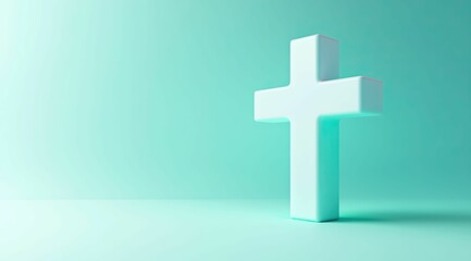 Obraz premium A white cross, illuminated by gentle light, stands gracefully against a calming pastel gradient, evoking spiritual serenity.