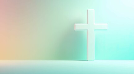 Fototapeta premium A white cross, illuminated by gentle light, stands gracefully against a calming pastel gradient, evoking spiritual serenity.
