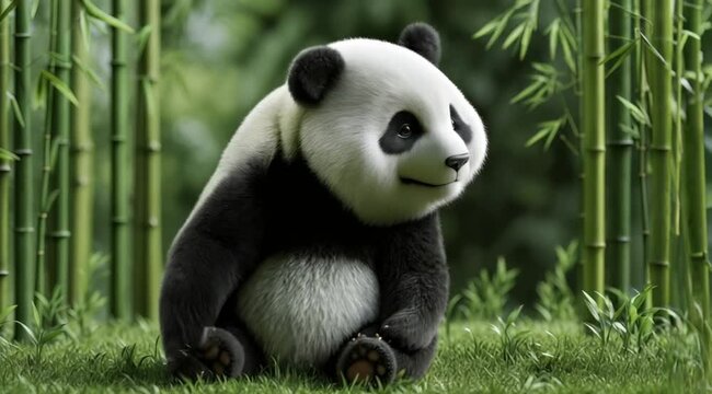 Peaceful Panda Thrives Amidst Towering Bamboo Forest Habitat, Smooth repeating motion for background video animation